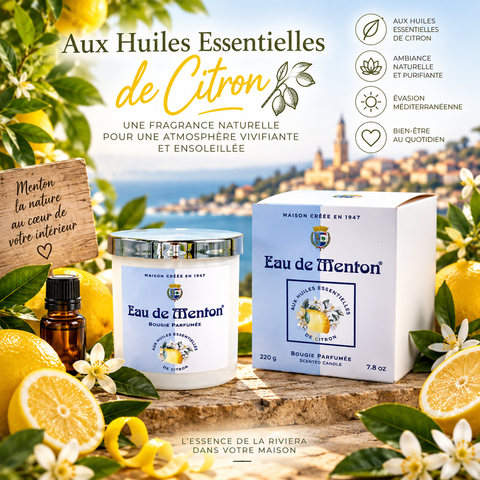 Bougie Artisanale 220g – Aux Huiles Essentielles de Citron (Prestige de Menton)