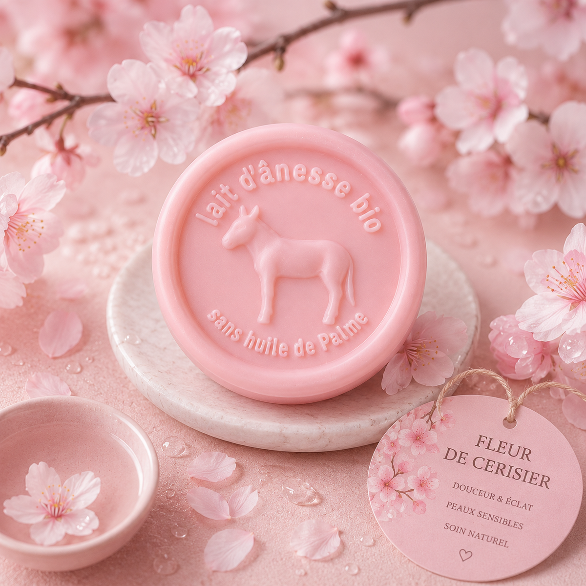 Savon rond sans huile de palme au lait d'ânesse biologique Fleur de Cerisier 100g