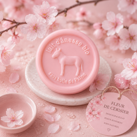 Savon rond sans huile de palme au lait d'ânesse biologique Fleur de Cerisier 100g