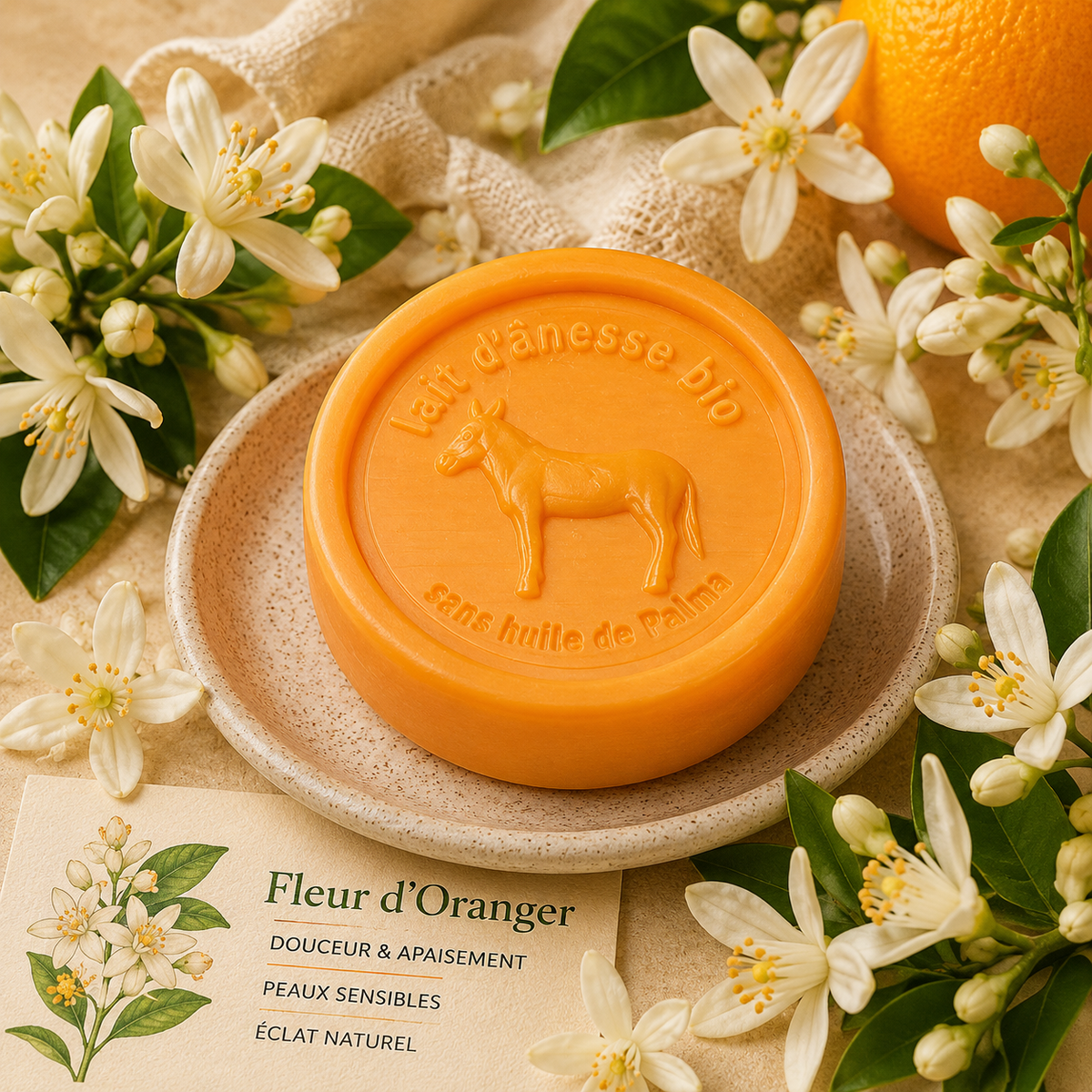 Savon rond sans huile de palme au lait d'ânesse biologique fleur d’oranger 100g