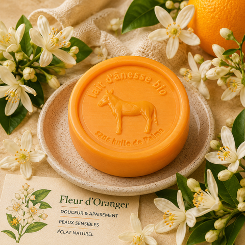 Savon rond sans huile de palme au lait d'ânesse biologique fleur d’oranger 100g