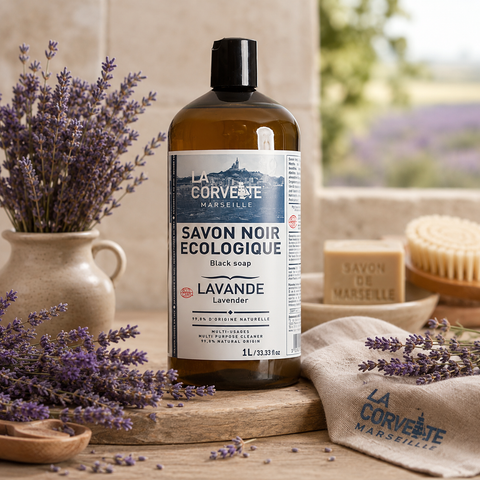 Savon noir liquide LAVANDE à l’huile de lin – 1L – ECOCERT Eco détergent