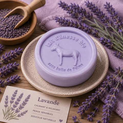 Savon rond sans huile de palme au lait d'ânesse biologique lavande 100g