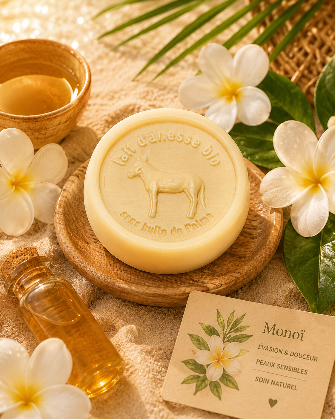Savon rond sans huile de palme au lait d'ânesse biologique monoï 100g