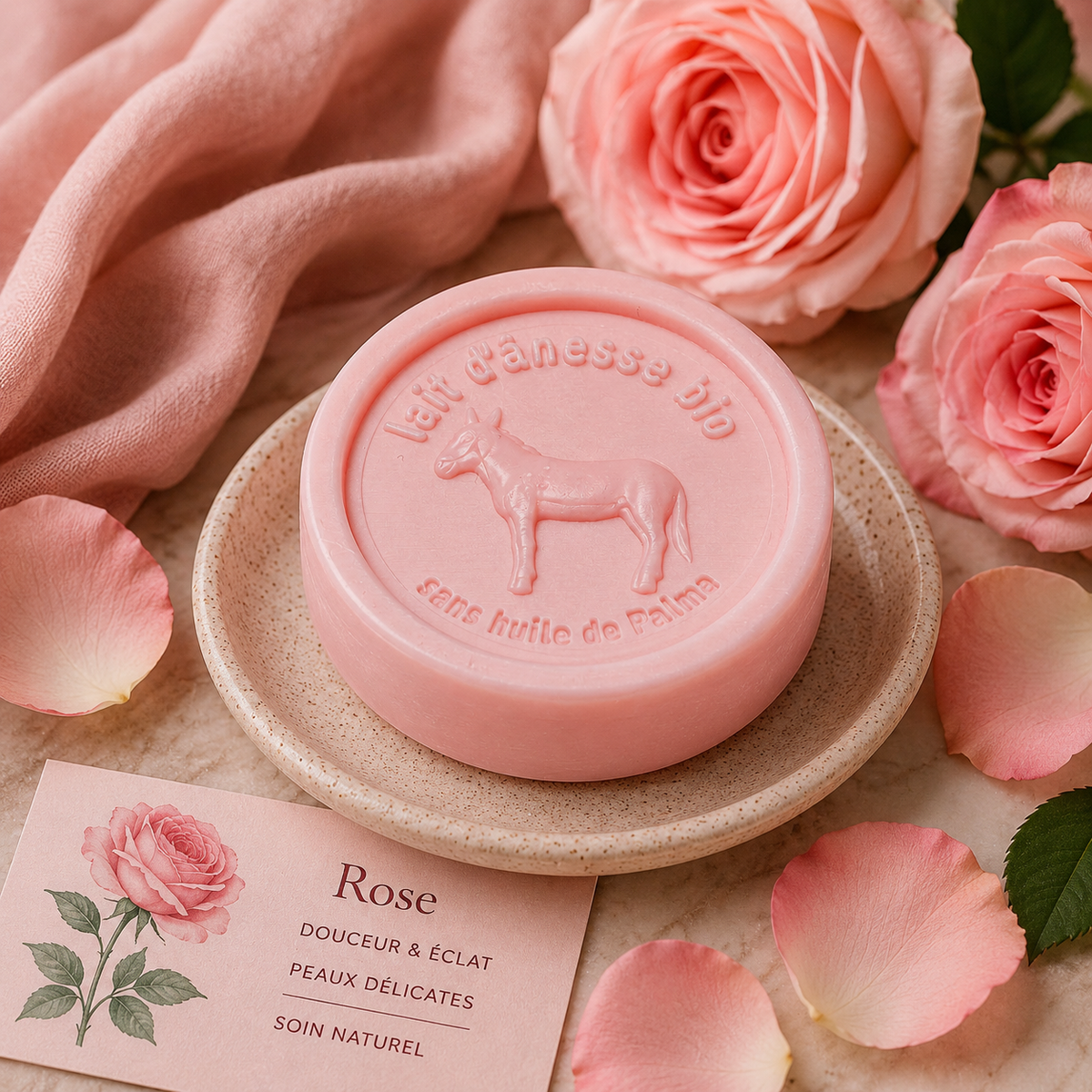 Savon rond sans huile de palme au lait d'ânesse biologique rose 100g