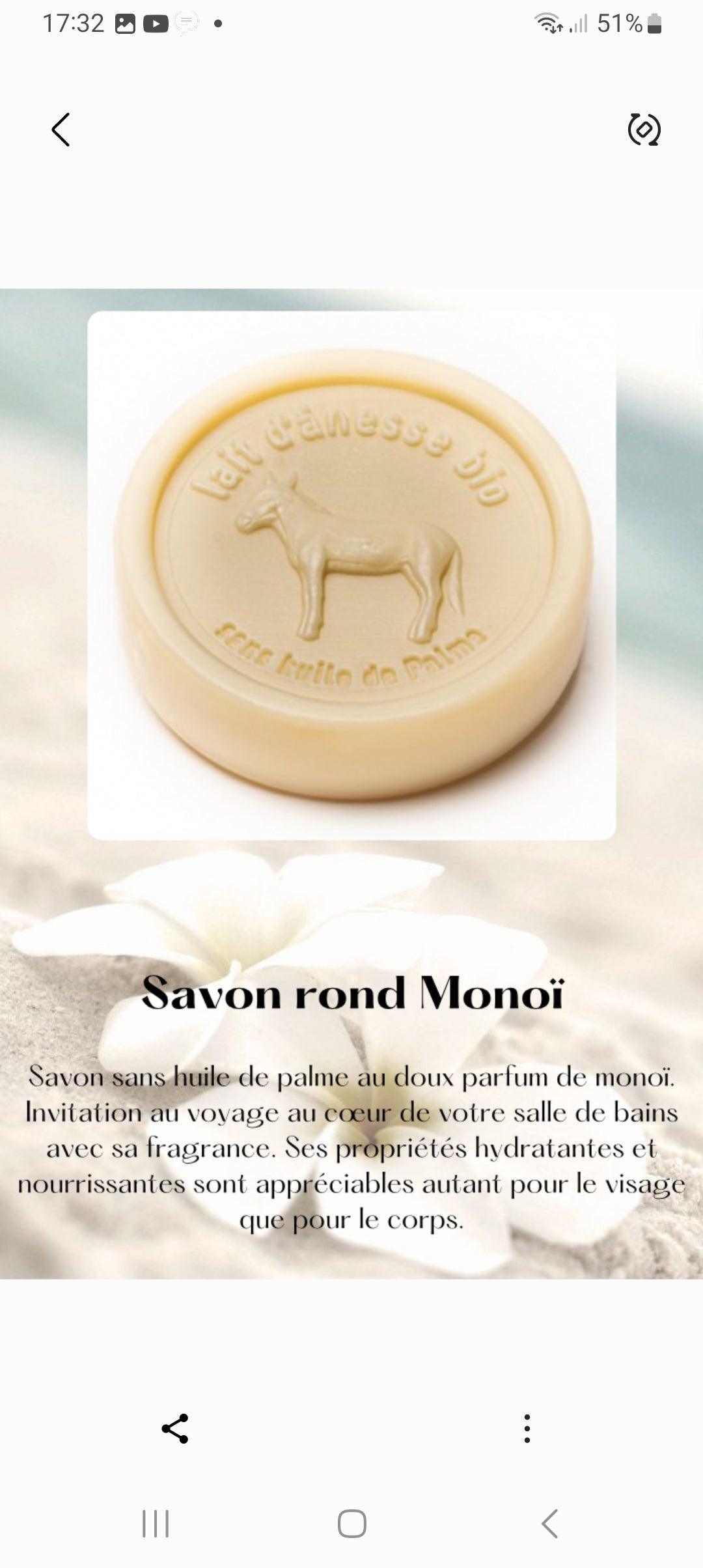 Savon rond sans huile de palme au lait d'ânesse biologique monoï 100g