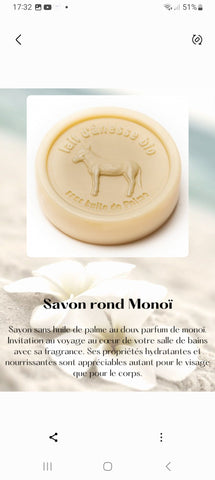 Savon rond sans huile de palme au lait d'ânesse biologique monoï 100g