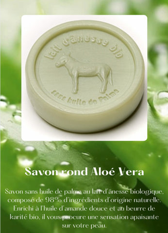 Savon rond sans huile de palme au lait d'ânesse biologique aloe vera 100g