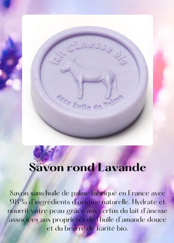 Savon rond sans huile de palme au lait d'ânesse biologique lavande 100g