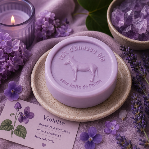 Savon rond sans huile de palme au lait d'ânesse biologique violette 100g