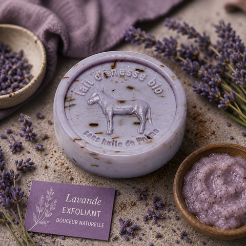 Savon rond exfoliant sans huile de palme au lait d'ânesse biologique lavande 100g