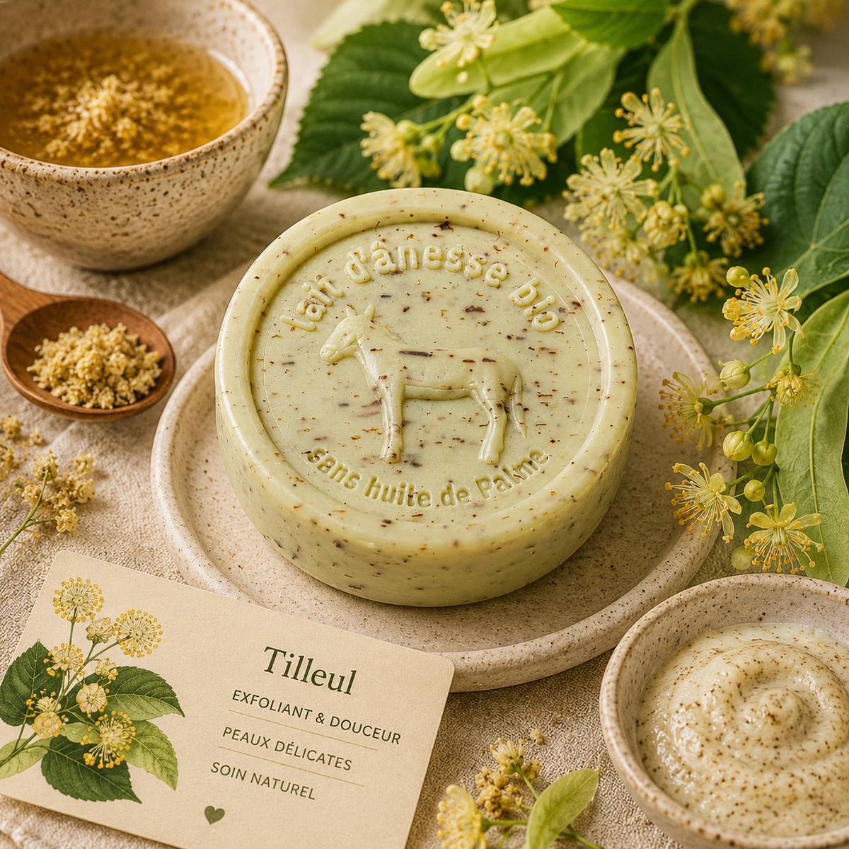 Savon rond exfoliant sans huile de palme au lait d'ânesse biologique tilleul 100g