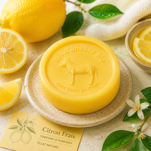 Savon rond sans huile de palme au lait d'ânesse biologique citron 100g
