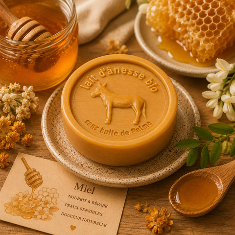 Savon rond sans huile de palme au lait d'ânesse biologique miel 100g