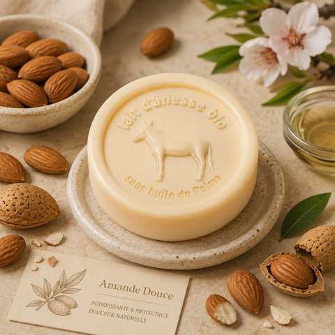 Savon rond sans huile de palme au lait d'ânesse biologique Amande 100g