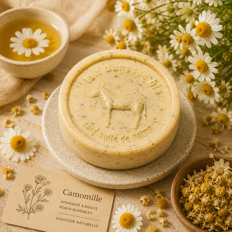 Savon rond exfoliant sans huile de palme au lait d'ânesse biologique camomille 100g