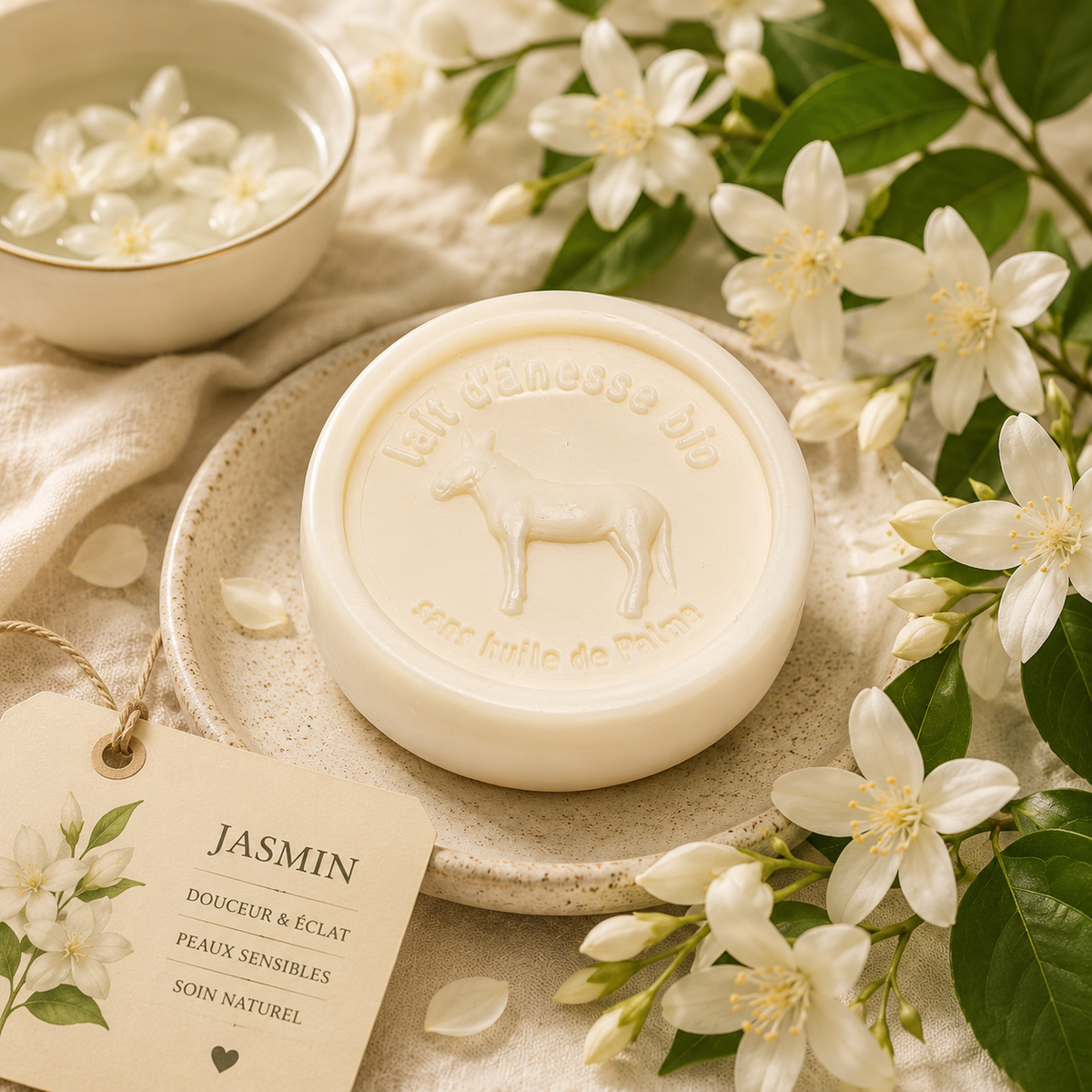 Savon rond sans huile de palme au lait d'ânesse biologique jasmin 100g