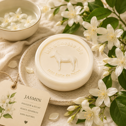 Savon rond sans huile de palme au lait d'ânesse biologique jasmin 100g