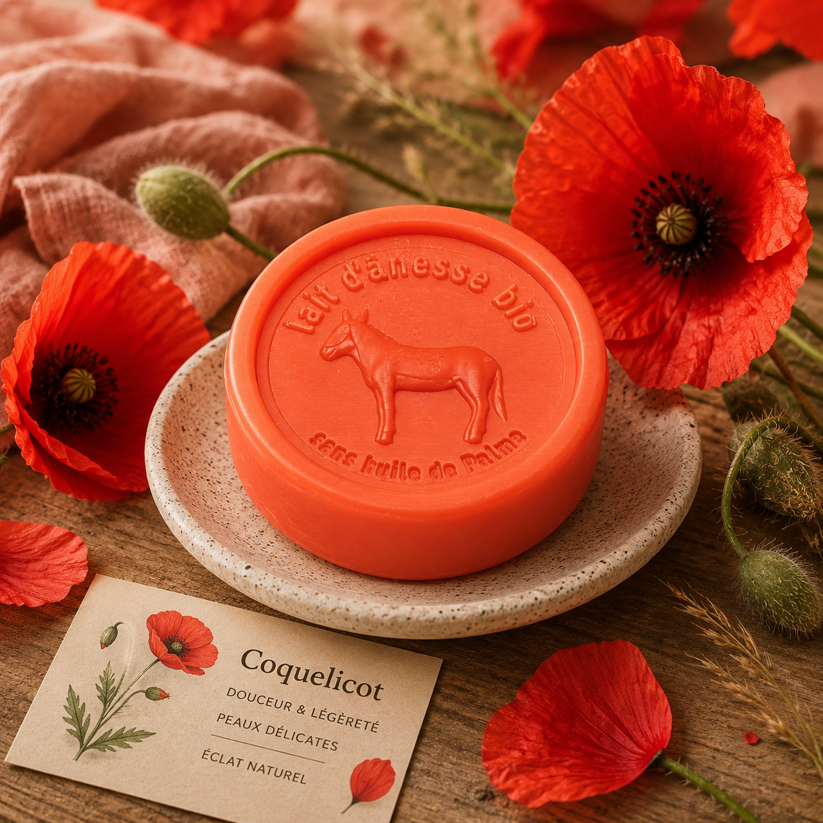 Savon rond sans huile de palme au lait d'ânesse biologique coquelicot 100g