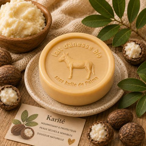 Savon rond sans huile de palme au lait d'ânesse biologique karité 100g