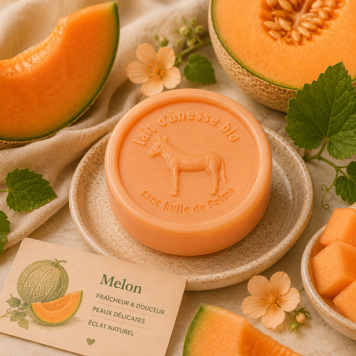 Savon rond sans huile de palme au lait d'ânesse biologique melon 100g