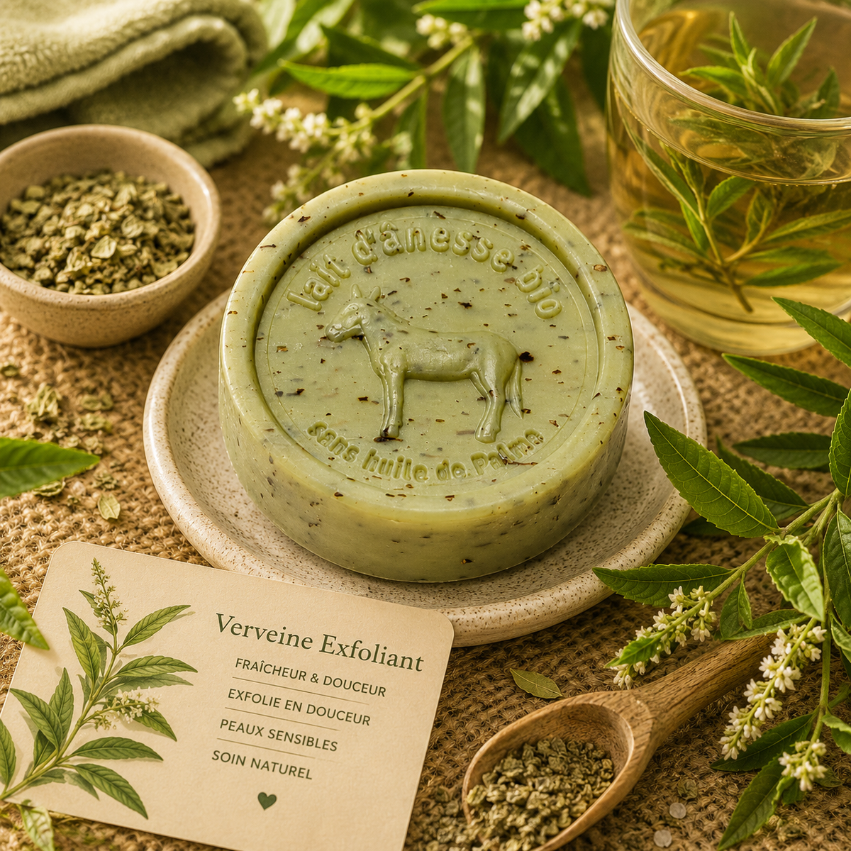 Savon rond exfoliant sans huile de palme au lait d'ânesse biologique verveine 100g