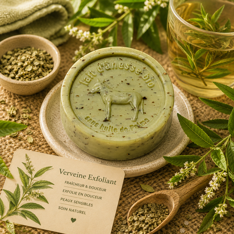 Savon rond exfoliant sans huile de palme au lait d'ânesse biologique verveine 100g