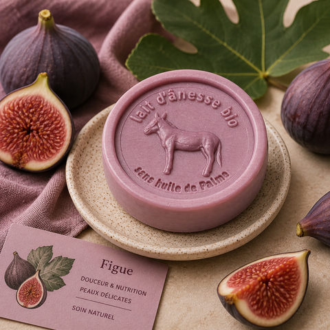 Savon rond sans huile de palme au lait d'ânesse biologique figue 100g
