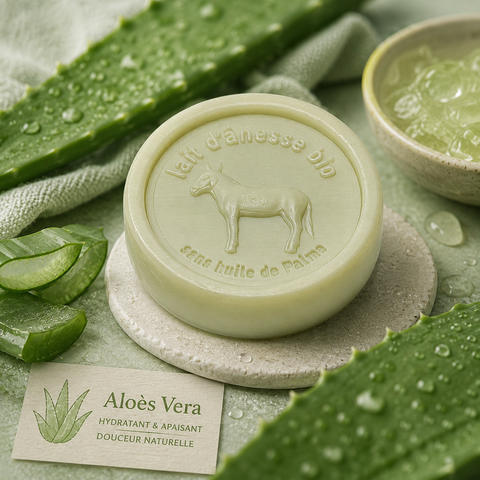 Savon rond sans huile de palme au lait d'ânesse biologique aloe vera 100g