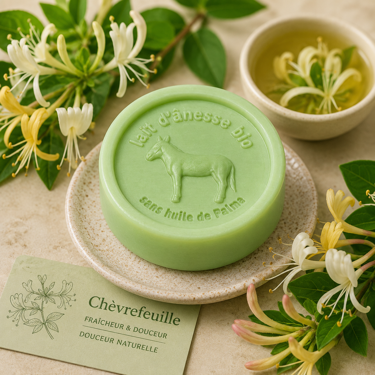 Savon rond sans huile de palme au lait d'ânesse biologique chèvrefeuille 100g